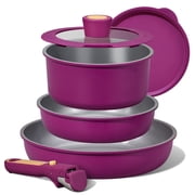 Carote Nonstick Detachable Pots and Pans Set, 6 Pieces Non Toxic Cookware Set with Induction, Oven/Dishwasher Safe, Easy for Storage, Magenta Purple