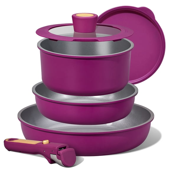 Carote Nonstick Detachable Pots and Pans Set, 6 Pieces Non Toxic Cookware Set with Induction, Oven/Dishwasher Safe, Easy for Storage, Magenta Purple