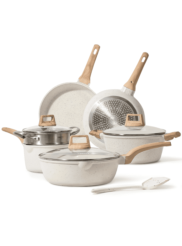 Carote Nonstick Pots and Pans Set, 10 Pcs Granite Kitchen Cookware Sets (White)