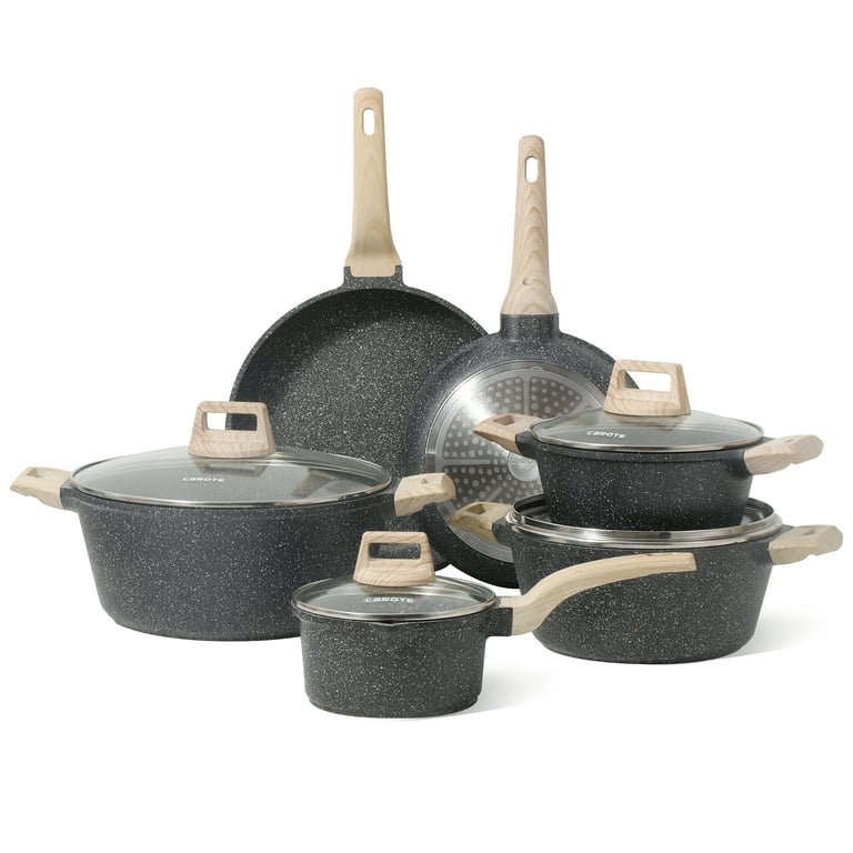Carote Nonstick Granite Cookware Sets, 9 Pcs Brown Granite Pots and Pan Set