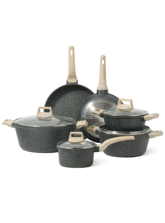 Carote Nonstick Pots and Pans Set, 10 Pcs Granite Stone Kitchen Cookware Sets (Black)