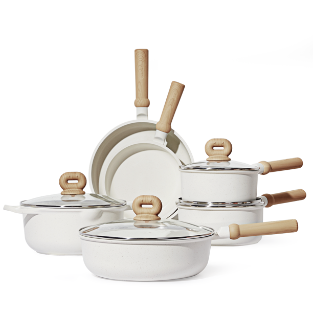 Carote Nonstick Pots and Pans Set, 10 Pcs Induction Kitchen Cookware Sets(White Granite