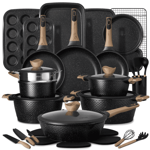 Carote 40-Piece Nonstick Pots and Pans, Granite Cookware Set with Bakeware & Knives, Black