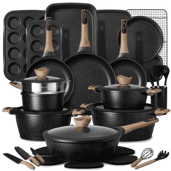 CAROTE 40-Piece Nonstick Pots and Pans, Granite Cookware Set with Bakeware & Knives, Black