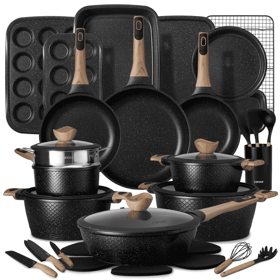 Carote 40-Piece Nonstick Cookware Set, Pots and Pans Set with Detachable Handle, Induction Compatible, Oven & Dishwasher Safe, Black Granite