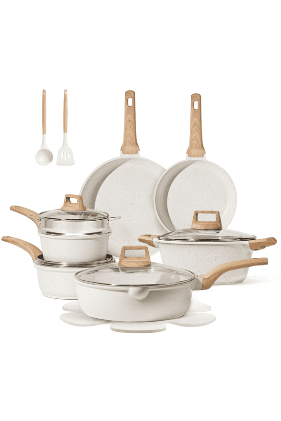 Nonstick Pots and Pans Set, 18 Pcs Granite Kitchen Cookware Sets (White)