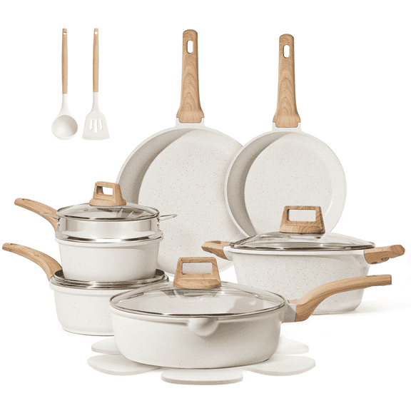 Carote Nonstick Pots and Pans Set, 18 Pcs Granite Kitchen Cookware Sets (White)