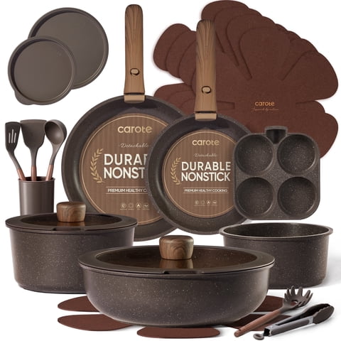 CAROTE 23-Piece Nonstick Pots and Pans, Granite Cookware Set with Detachable Handle, Induction Compatible, Oven & Dishwasher Safe, Brown