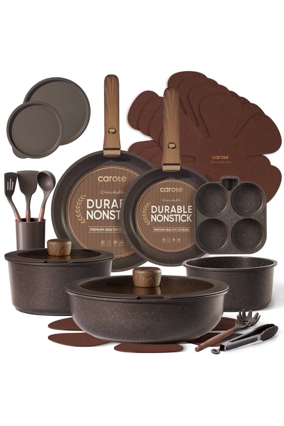 23-Piece Nonstick Pots and Pans, Granite Cookware Set with Detachable Handle, Induction Compatible, Oven & Dishwasher Safe, Brown