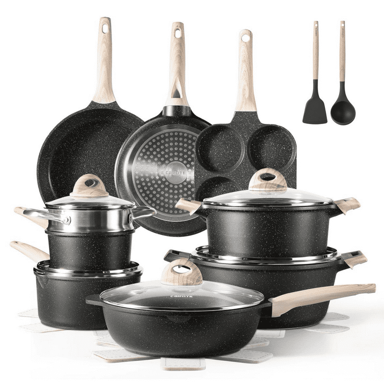 CAROTE Nonstick Pots and Pans Set 22 Pcs Non Stick Induction Kitchen Cookware Sets Black Granite