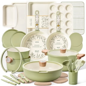 CAROTE 39-Pieces Ceramic Cookware Set, Nonstick Pots and Pans with Floral Detachable Handles, Induction Compatible, Diswasher Safe, Green