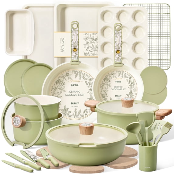 CAROTE 39-Pieces Ceramic Cookware Set, Nonstick Pots and Pans with Floral Detachable Handles, Induction Compatible, Diswasher Safe, Green