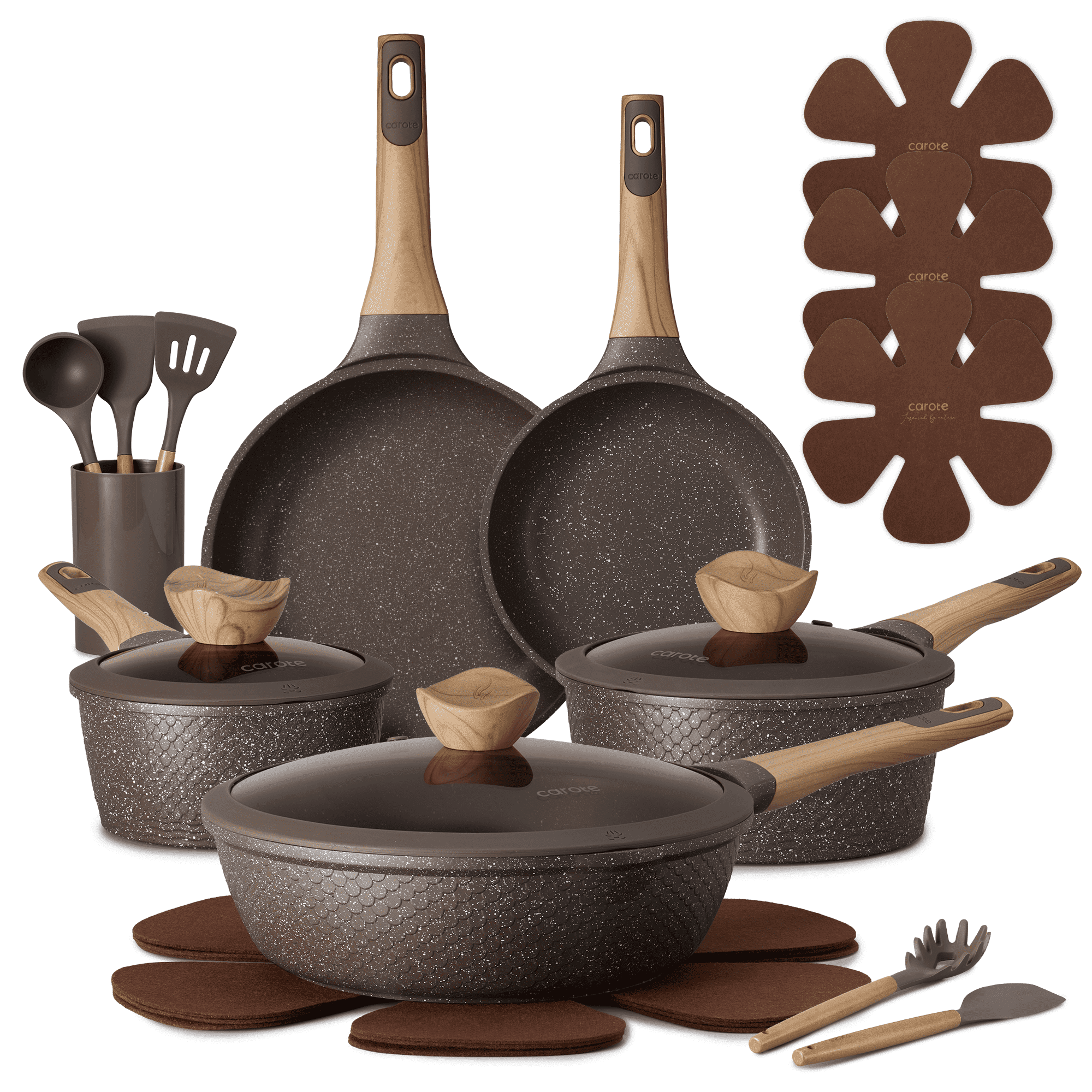 Carote 18-Piece Nonstick Pots and Pans, Granite Cookware Set with Kitchen Utensils, Brown