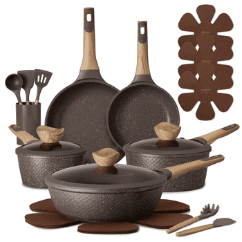 CAROTE 18-Piece Nonstick Pots and Pans, Granite Cookware Set with Kitchen Utensils, Brown