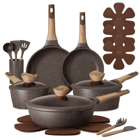 CAROTE 18-Piece Nonstick Pots and Pans, Granite Cookware Set with Kitchen Utensils, Brown