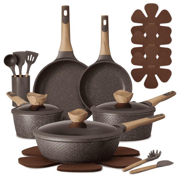 CAROTE 18-Piece Nonstick Pots and Pans, Granite Cookware Set with Kitchen Utensils, Brown