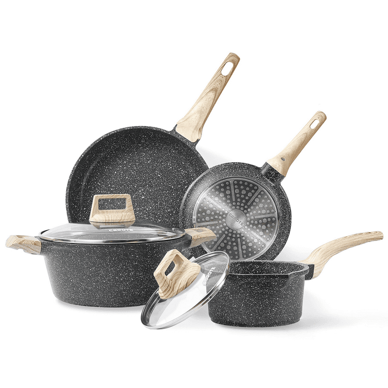 Carote Nonstick Granite Cookware Sets, 10 Pcs Brown Granite Pots and Pans  Set, Induction Stone Kitchen Cooking Set 