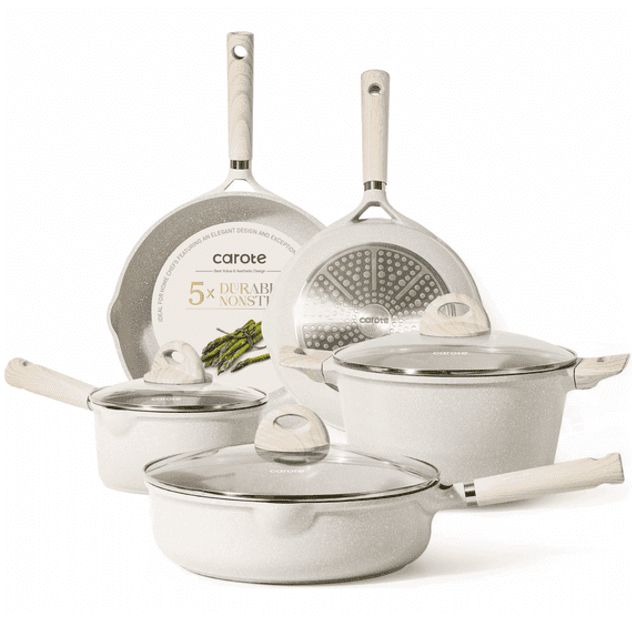 Carote Nonstick Cookware Set 8-Piece,Kitchen Pots and Pans Set,Stay-Cool Handles,Induction Compatible,Cookware Set for RV and Camping,Beige
