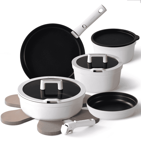 Carote 14-Pc Non-Stick Cookware Set, Pots and Pans Set with Detachable Handles, Dishwasher Safe, Oven/Induction Compatible, White