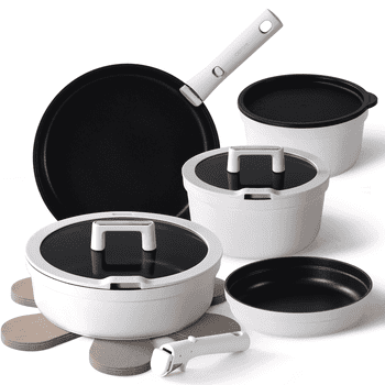 Carote 14 Pcs Pots and Pans Set Non Stick, Cookware Set with Detachable Handles, Dishwasher/Oven Safe, Stackable, Induction Cookware, White