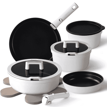 Carote 14 Pcs Pots and Pans Set Non Stick, Cookware Set with Detachable Handles, Dishwasher/Oven Safe, Stackable, Induction Cookware, White