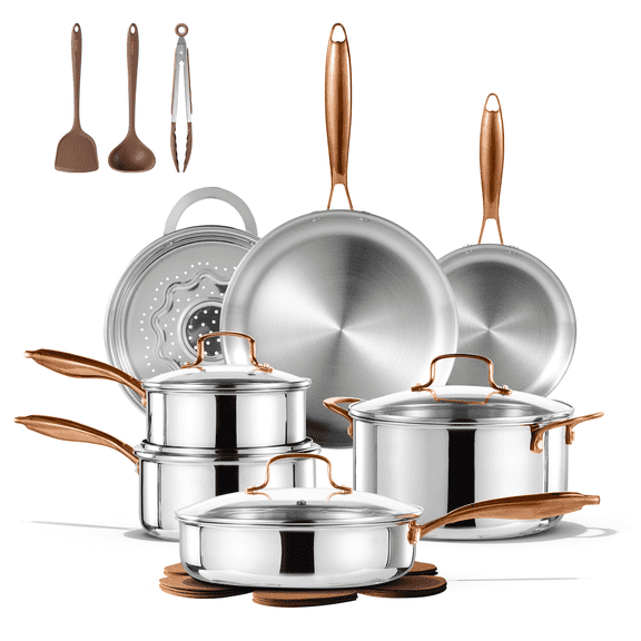 Carote 19-Piece Tri-Ply Stainless Steel Cookware Set, Induction Compatible and Oven Safe, Rose Gold Handle