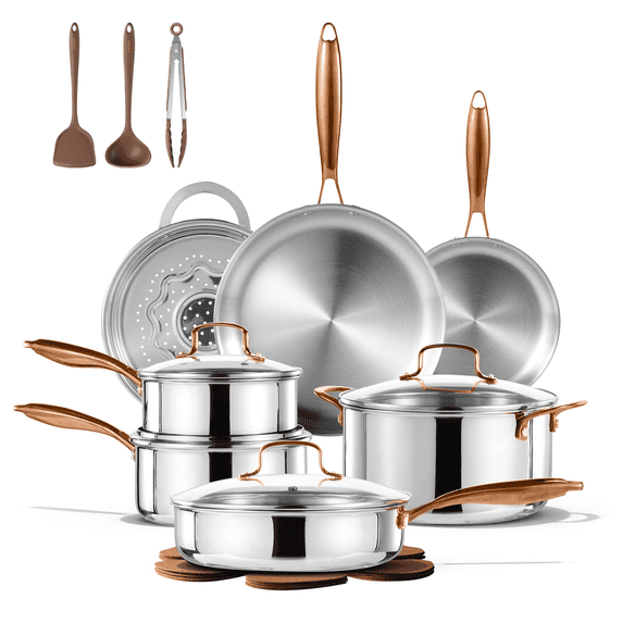 Carote 19-Piece Tri-Ply Stainless Steel Cookware Set, Induction Compatible and Oven Safe, Rose Gold Handle