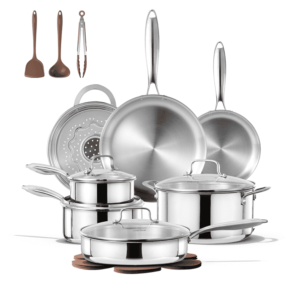 Carote 19-Piece Tri-Ply Stainless Steel Cookware Set, Induction Compatible and Oven Safe, Silver Handle