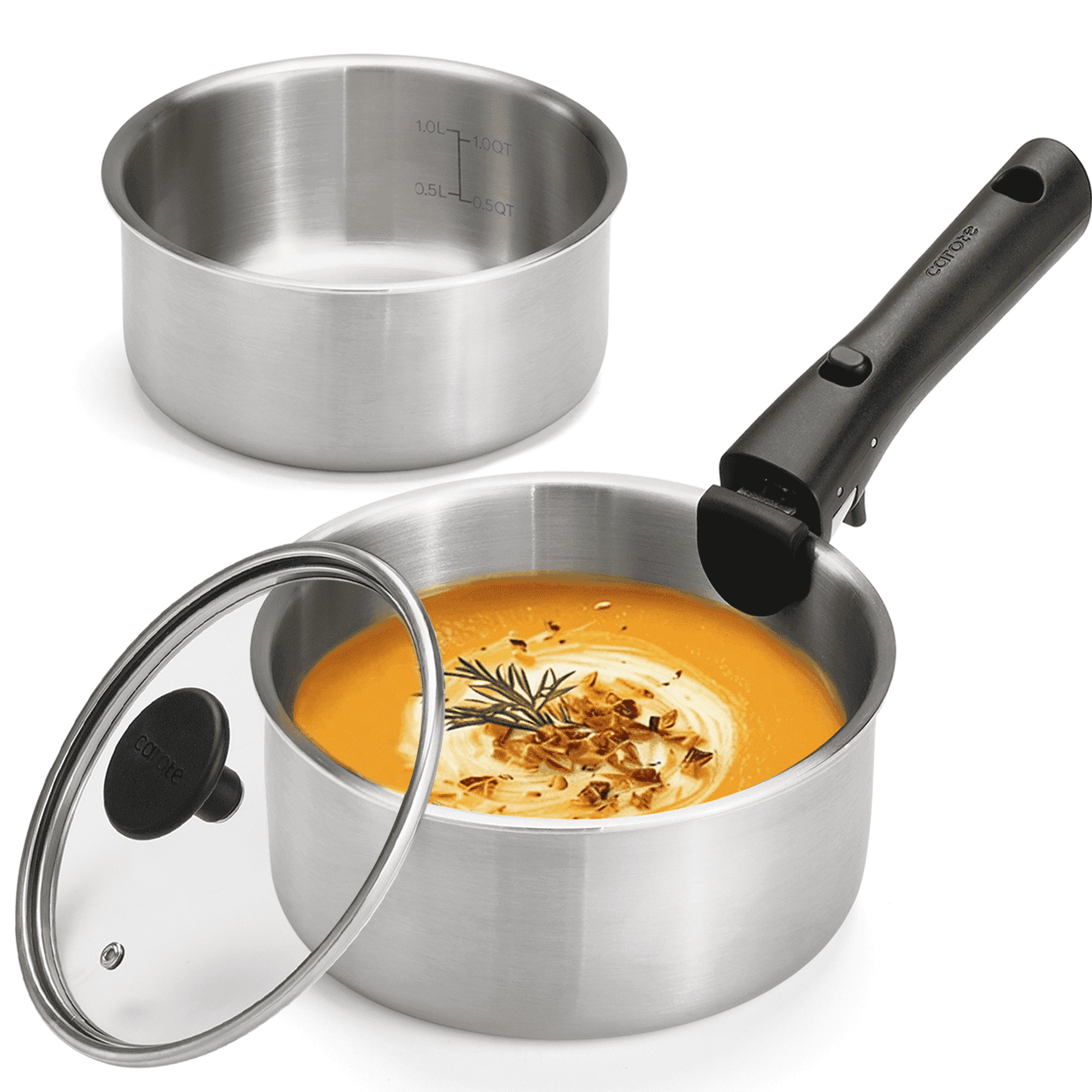 Carote 4 Pcs Stainless Steel Saucepan Set, Saucepans with Detachable Handle, Oven Safe, Induction Ready, Stackable Cookware, Kitchen Cooking Set