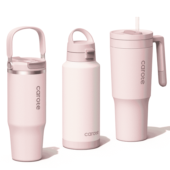 Carote 3PCS Insulated Stainless Steel Tumbler Set with Handles, 40oz,32oz*2, Leak-Proof Travel Mugs, Double Wall Vacuum, Pink