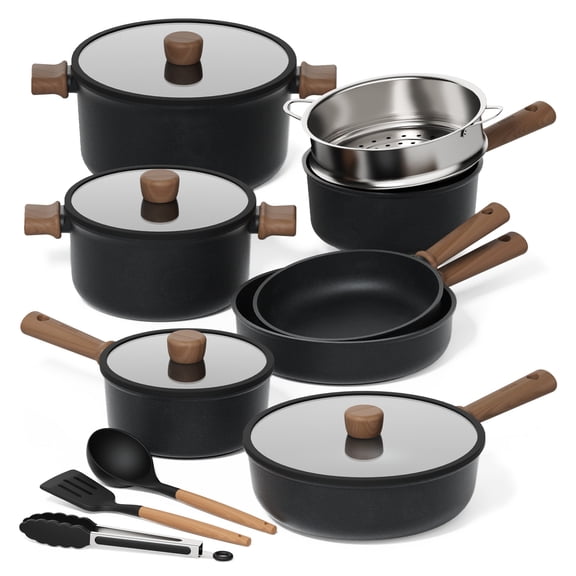 CAROTE 15 Piece Non-Stick Cookware Set, Titanium Reinforced Pots and Pans, Induction Compatible, Black