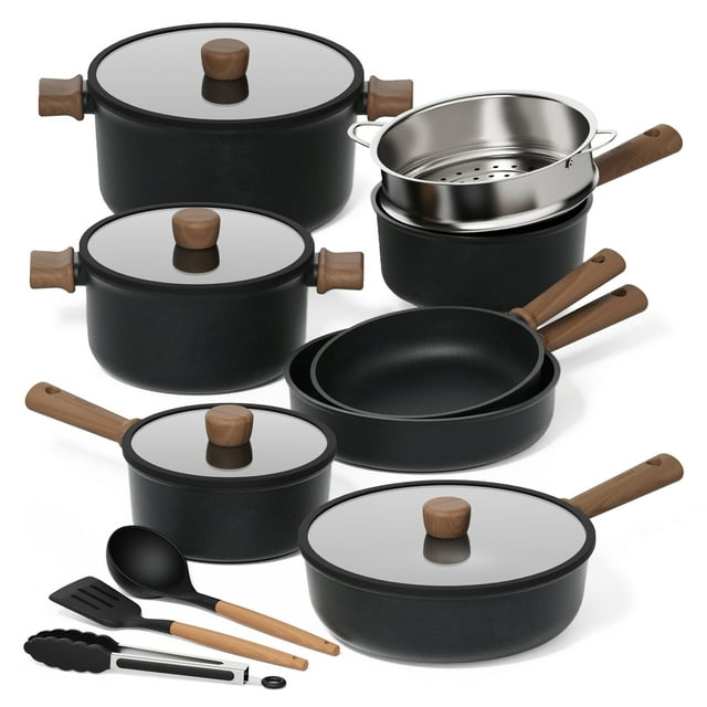 CAROTE 15 Piece Non-Stick Cookware Set, Titanium Reinforced Pots and Pans, Induction Compatible, Black