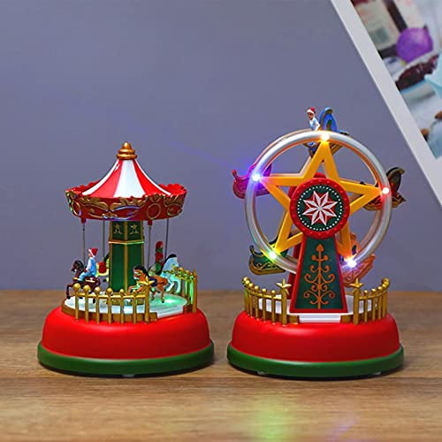 Carousel Ferris Wheel Music Box with Light,2Pcs Musical Christmas Carousel,Animated Mini Carousel,LED Light Luminous Rotating 4-Horse Moving Up and Down Birthday Red Wheel,Carousel 60615991