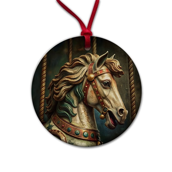 Carousel Horse Close-up Christmas Tree Holiday Round Ceramic Ornament