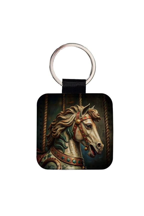Carousel Horse Close-up Faux Leather Square Keychain
