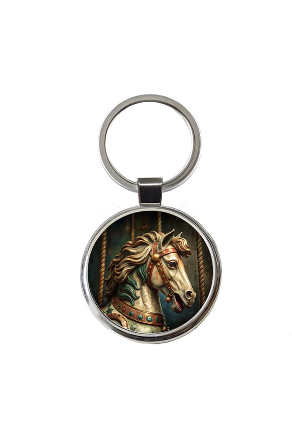 Carousel Horse Close-up Metal Round Keychain