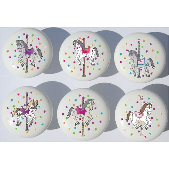 Carousel Horse Drawer Pulls / Horse Ceramic Cabinet Drawer Knobs / Set of 6