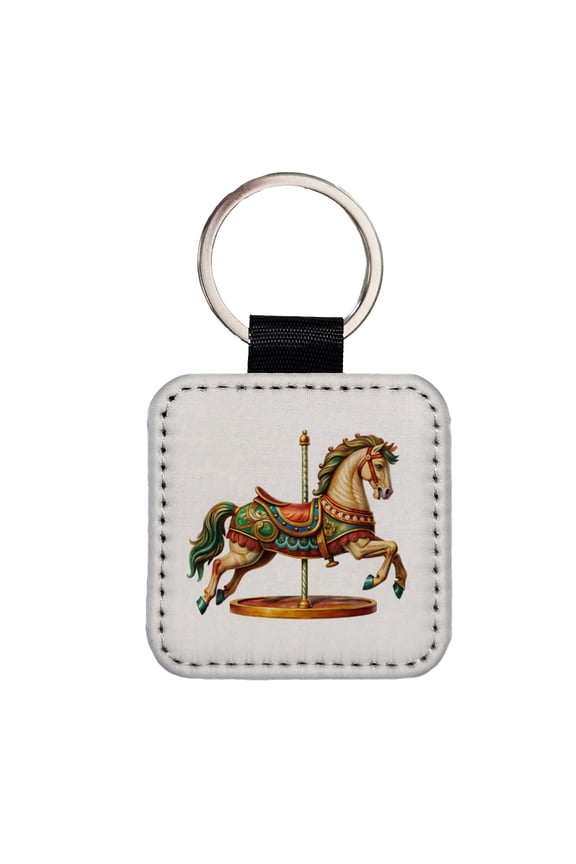 Carousel Horse Faux Leather Square Keychain
