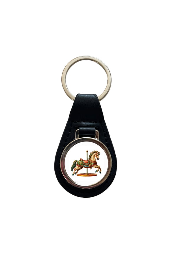 Carousel Horse Metal Black Leather Keychain