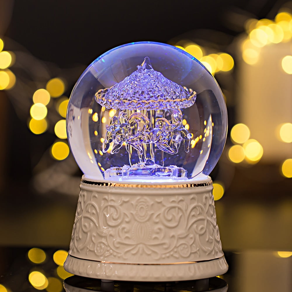 SELPONT Carousel Music Box Snow Globe - Pink Castle In The Sky Melody With Lights & Photo Frame, 7" Tall