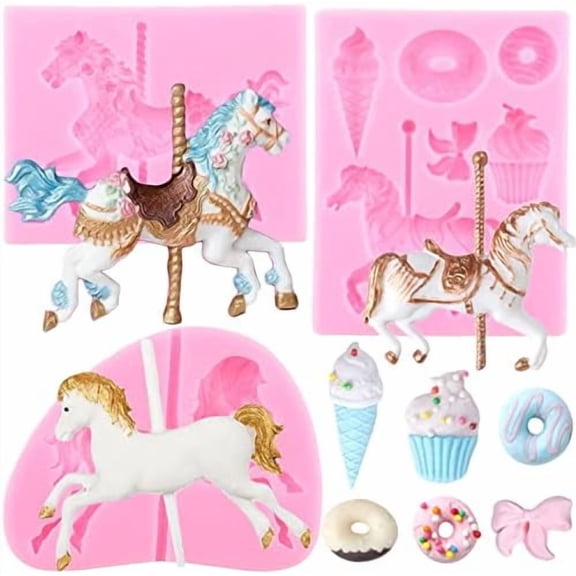 Carousel Horse Silicone Fondant Molds Merry-Go-Round Chocolate Gum Paste Mold Molds For Baby Shower Candy Cupcake Topper Polymer Clay Cake Decorating Set Of 3$$Home Decor, Kitchen, & Other