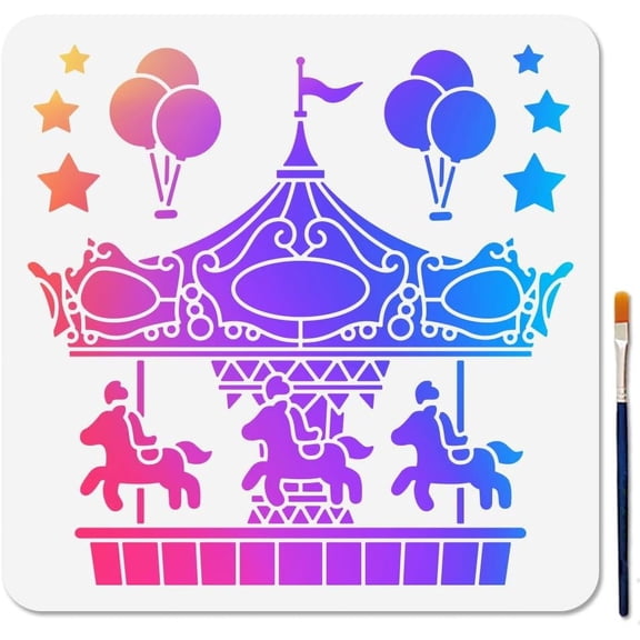 Carousel Horse Stencil 11.811.8inch Circus Carnival Stencils for DIY Painting Balloon Stars Playground Templates with Paint Brush for DIY Gift Decoration Craft on Window Wood Wall Home