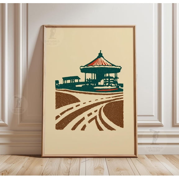 Carousel Landscape Vintage Fairground Scene Linocut Style Poster, Artistic Decorative Theme For Bedroom And Gallery Wall Decor