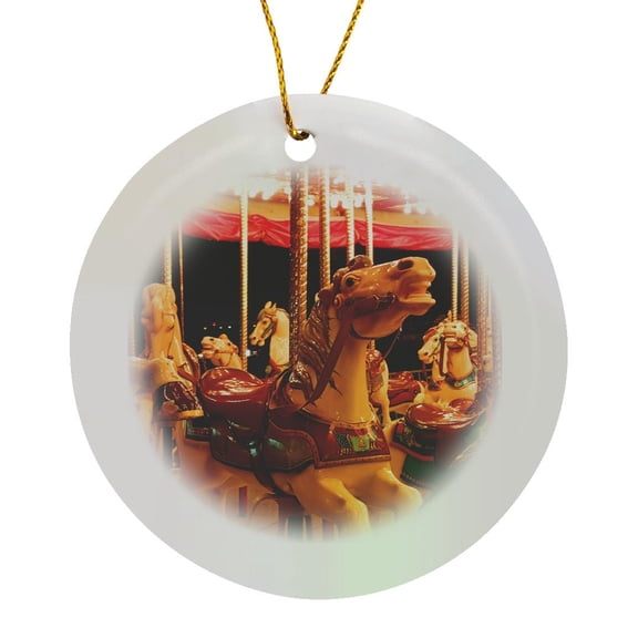 3drose, Carousel Merry Go Round Hobby Horses Lit up Night, Circle Porcelain Ornament