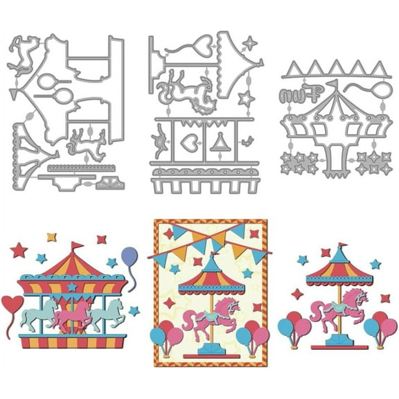 Carousel Metal Cutting Dies Carnival Balloon Flags Embossing Paper Die Cut Stencils Horse Stars Carbon Steel Die Cutting for Scrapbooking Party Photo Album