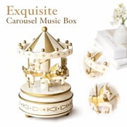 Carousel Music Box Christmas Cake Decoration Rotating Wooden Style Ornament with Horses and Star Cutout Roof for Desk Display