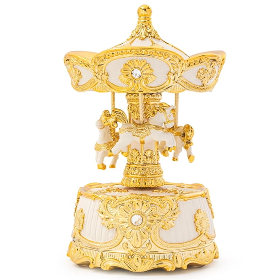 Carousel Music Box Gold Ivory 6.2" Table Centerpiece & Vintage Home Decor