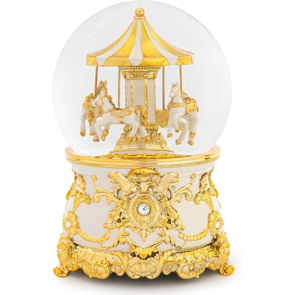 Carousel Music Box Gold & Ivory Christmas Snow Globes, 7.1" Glass Rotate Carousel Snow Globe for Kids & Adults, Classic Wind up Musical Snow Globe Birthday Gifts, Carousel Horse Home Decor
