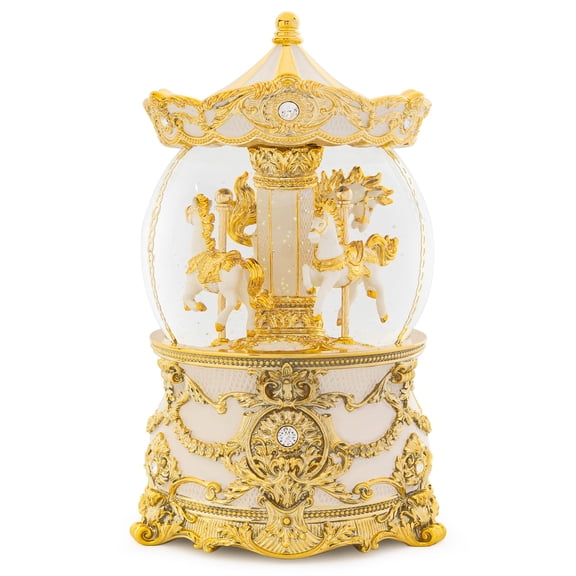 Carousel Music Box Gold & Ivory Christmas Snow Globes, Rotate Carousel Snow Globe for Kids & Adults, Classic Wind up Musical Snow Globe Birthday Gifts for Women Girls, Carousel Horse Home Decor Y101