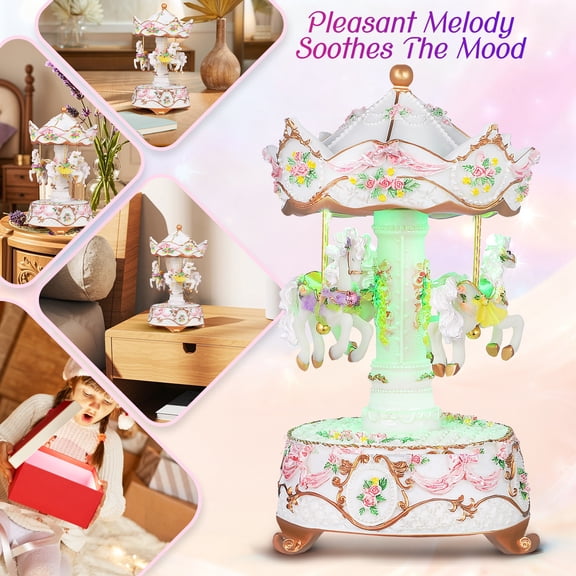 PartyKindom Artistic White Carousel Music Box with Rotating Horses and Relaxing Tune for Desktop